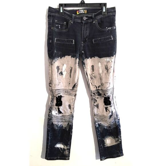 Demolition Distressed Paint Splatter Bleached Moto Kids Jeans Black Gray 12 - Picture 1 of 8